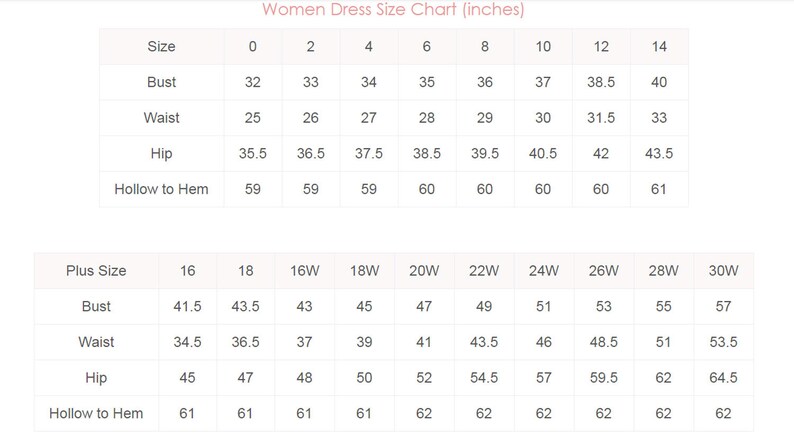 blush prom size chart
