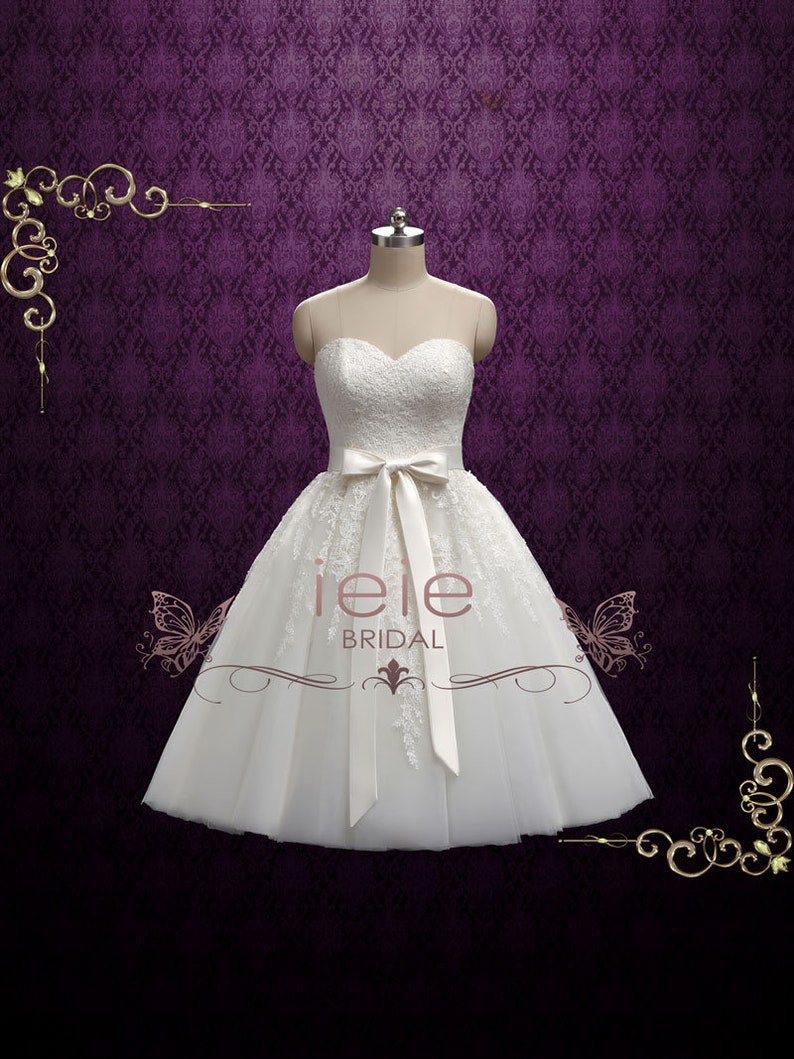 Retro Strapless Tea Length Wedding Dress with Lace, Vintage Wedding Dress, 50s Wedding Dress, 60s Wedding Dress, Short Wedding Dress | Flora 