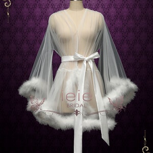 Pink Marabou Fur Illusion Bridal Honeymoon Boudoir Robe, Sexy Lingerie Cici Ivory