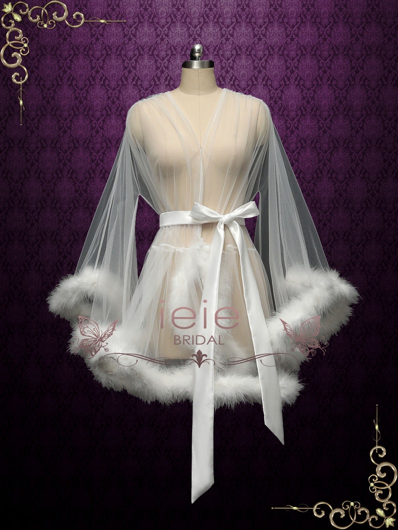 Pink Marabou Fur Illusion Bridal Honeymoon Boudoir Robe, Sexy Lingerie Cici Ivory