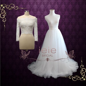 Boho 2 Piece Lace Wedding Dress, Off Shoulder Lace Bolero, Soft tulle skirt, BERGEN+ARIA