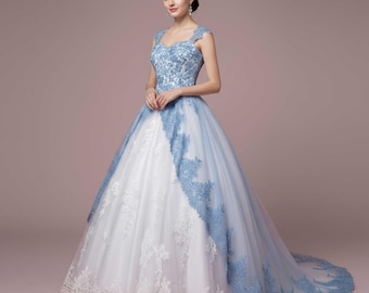 Princess Blue Lace Ball Gown: Gothic Fairytale Wedding Dress