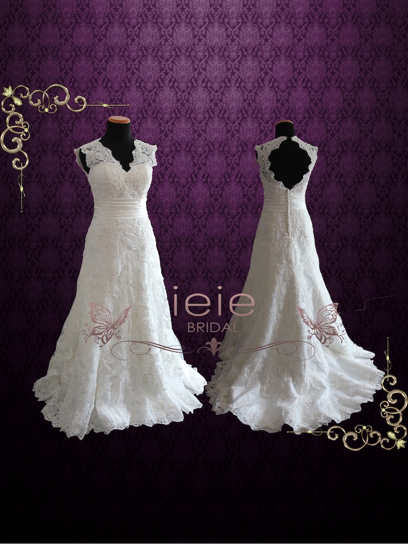 Lace Wedding Dress with V Neck and Keyhole Back, Vintage Style Wedding Dress, Country Wedding Dress, Rustic Wedding Dress Raynia image 1