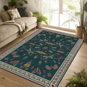 Avian-Inspired Rug for Home Decoration, Cozy Home, Washable Non-Slip Floral Rug, Turkish Distressed Costum Large Rug , Rugs for Living Room