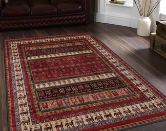 Gabbeh Style Living Room Rug, Washable Red Tribal Animal Rug
