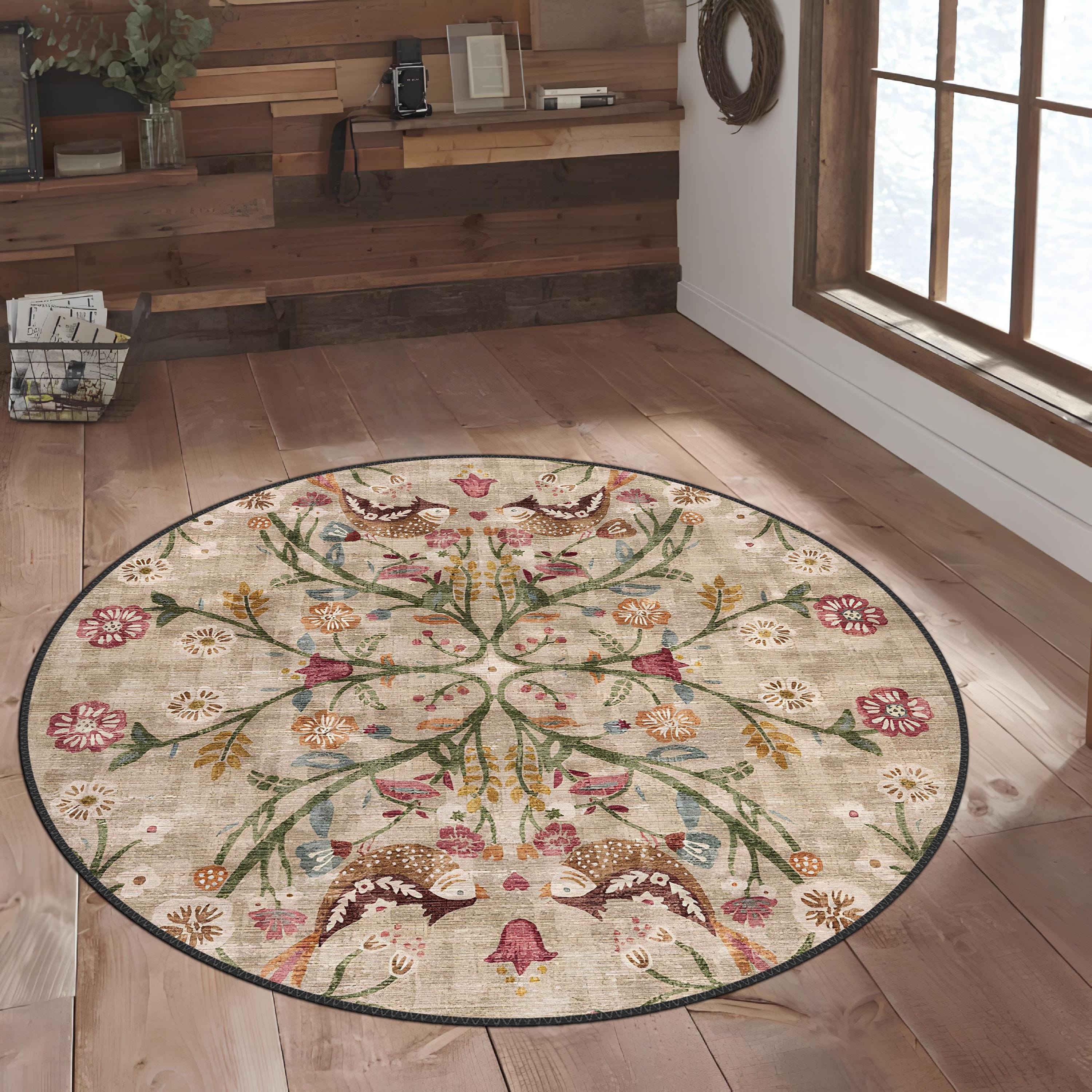 Boho Chic Elegance Round Floral Rug, Turkish Round Unique Rug, Washable ...
