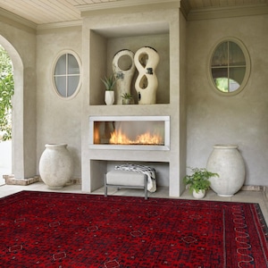 May include: A red and black patterned rug with a fireplace and two large white urns in the background.