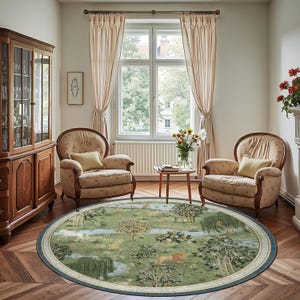 Avian-Inspired Round Rug for Home Decoration, Cozy Home, Washable Round Floral Rug, Turkish Distressed Large Round Rug, Rugs for Living Room