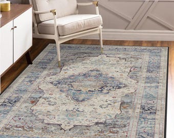 Turkish Traditional Rug, Antique Look Teppich, Washable Non-Slip Area Rug, Turkish Distressed Large Rug 8x10, Rugs for Living Room Bedroom