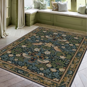 Avian-Inspired Rug for Home Decoration, Cozy Home, Washable Non-Slip Floral Rug, Turkish Distressed Large Rug 8x10, Rugs for Living Room