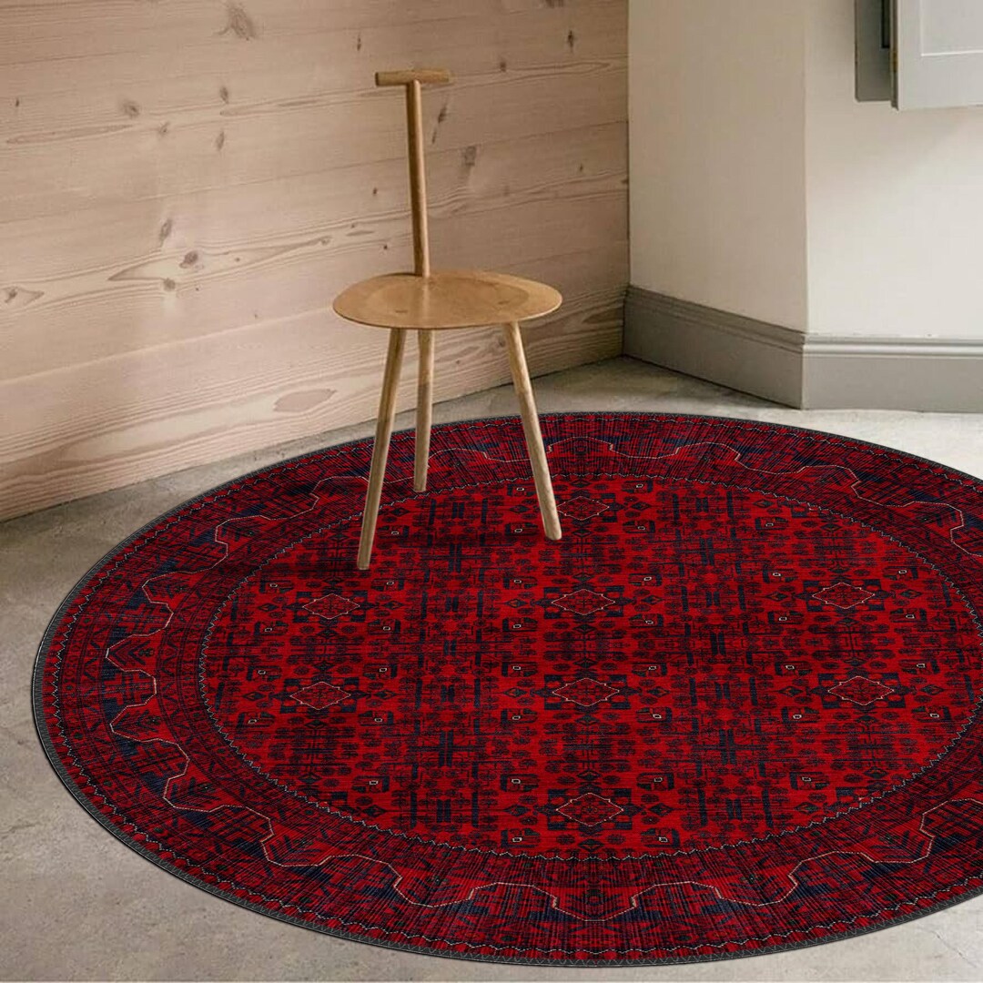 Red Vintage Style Round Rug, Antique Look Teppich, Washable Non-slip ...