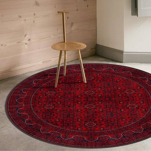 Red Vintage Style Round Rug, Antique Look Teppich, Washable Non-Slip Round Area Rug, Turkish Distressed Large Rug 8x8, Rugs for Living Room