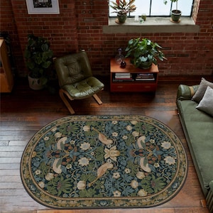 Avian-Inspired Oval Rug for Home Decoration, Washable Non-Slip Floral Rug, Turkish Distressed Large Rug 8x10, Rugs for Living Room Bedroom