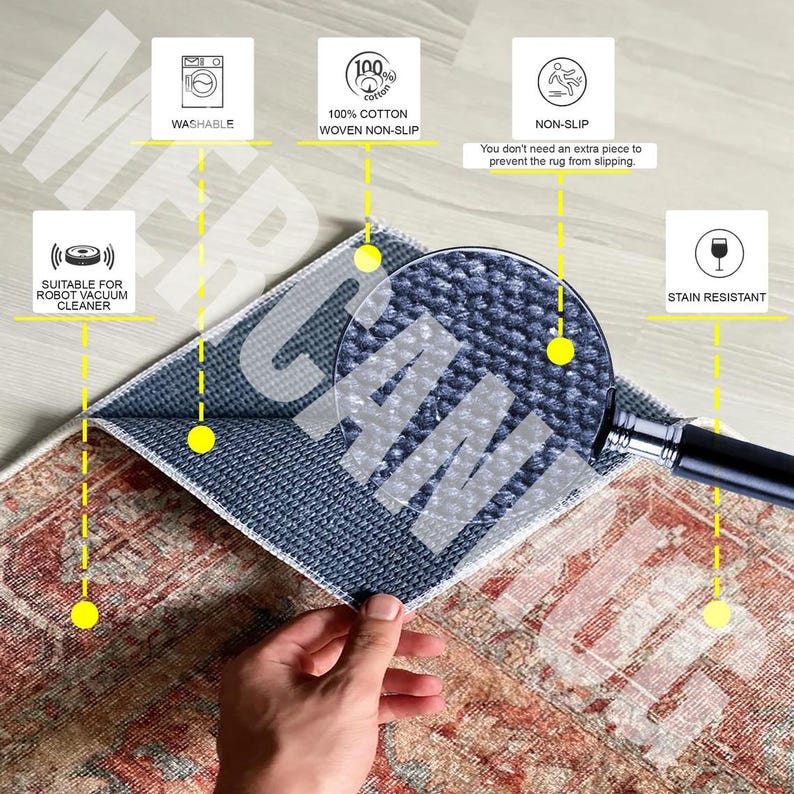 May include: A close-up of a rug with a detailed pattern in shades of red, cream, and brown. The rug is made of 100% cotton and has a non-slip backing. The rug is also stain resistant and suitable for use with a robot vacuum cleaner.