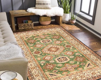 Green Ethnic Style Rug, Antique Look Teppich, Washable Non-Slip Kilim Area Rug, Turkish Distressed Large Rug 8x10, Rugs for Living Room