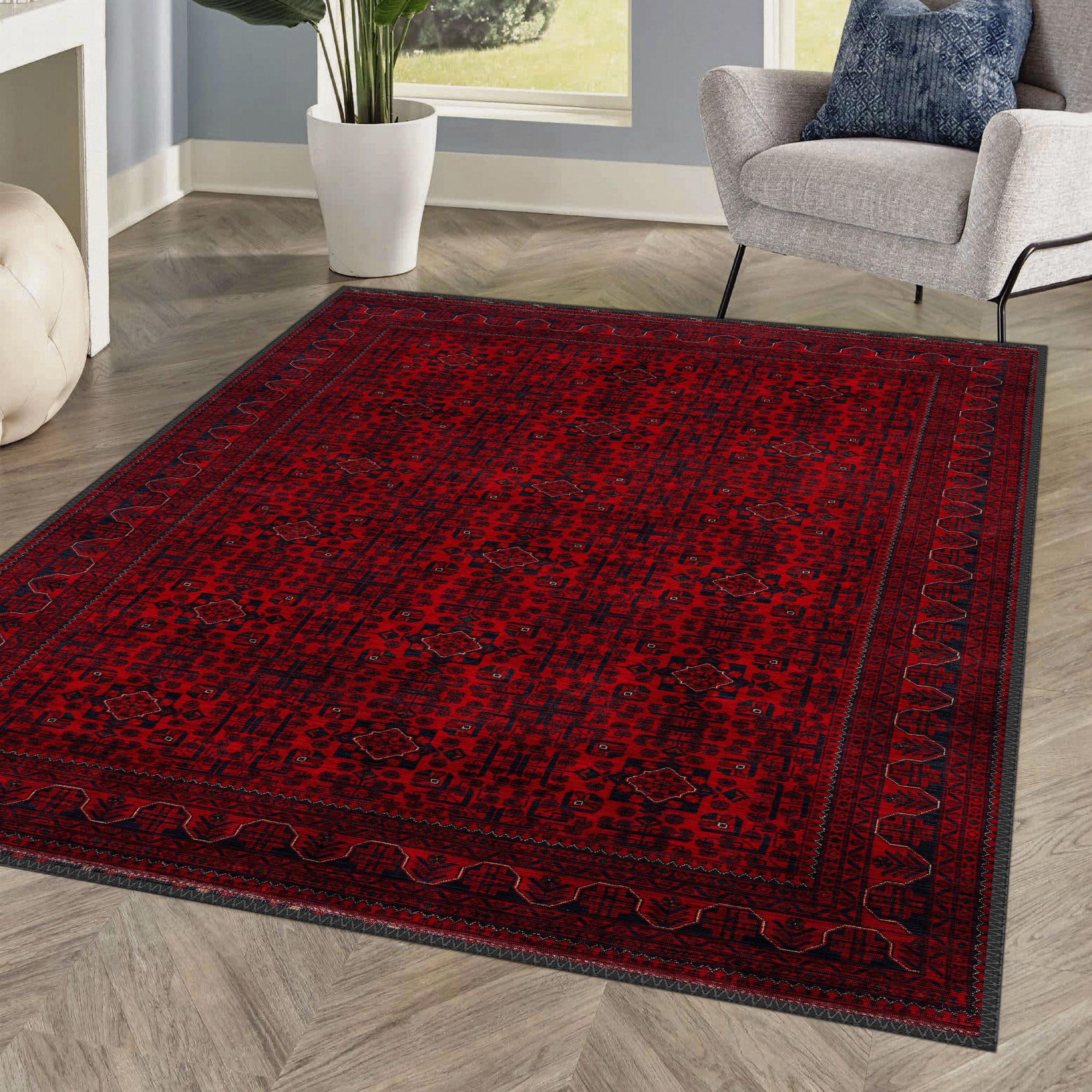 Red Vintage Style Rug, Antique Look Teppich, Washable Non-slip Bohemian ...