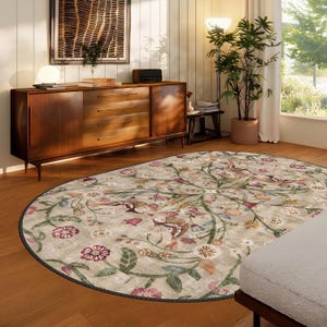 Boho Chic Elegance Floral Oval Rug, Turkish Traditional Unique Oval Rug, Washable Oval Rug, Distressed Large Area Rug, Rugs for Living Room