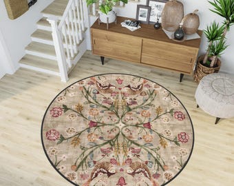 Boho Chic Eleganz Rund Blumenteppich, Türkischer Runder Einzigartiger Teppich, Waschbarer rutschfester Teppich, Beunruhigter Großflächenteppich, Teppich für Wohnzimmer