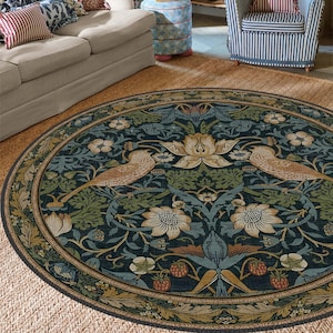 Avian-Inspired Round Rug for Home Decoration, Washable Non-Slip Floral Rug, Turkish Distressed Large Rug 8x8, Rugs for Living Room Bedroom