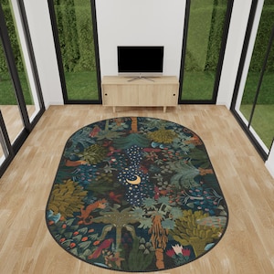 Avian-Inspired Oval Rug for Home Decoration, Washable Non-Slip Floral Rug, Turkish Distressed Large Rug 8x10, Rugs for Living Room Bedroom