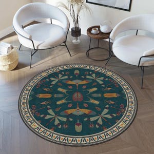 Avian-Inspired Round Rug for Home Decoration, Washable Bug Pattern Rug, Turkish Distressed Large Rug 8x8, Rugs for Living Room Bedroom