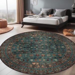 Vintage Style Round Rug, Antique Look Teppich, Washable Non-Slip Round Area Rug, Turkish Distressed Large Rug 8x8, Rugs for Living Room