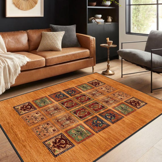 Afghan Bakhtiari Style Living Room Rug, Washable Terracotta Garden Panel Rug