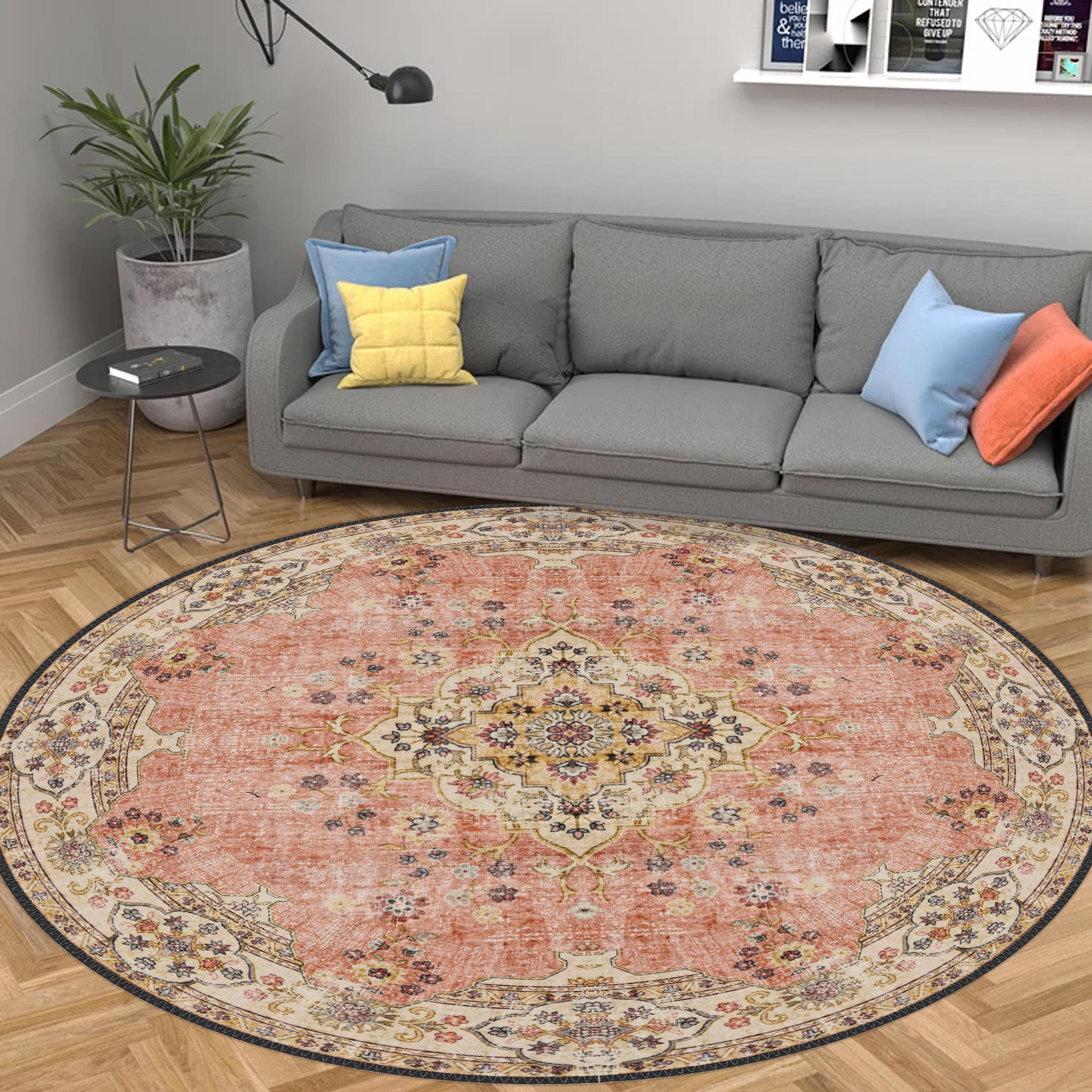 Round Classic Rug Vintage Style Round Rug, Antique Look Teppich, Washable Non-slip Round ...