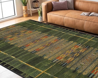 Green Kilim Style Rug, Antique Look Teppich, Washable Non-Slip Kilim Area Rug, Turkish Distressed Large Rug 8x10, Rugs for Living Room