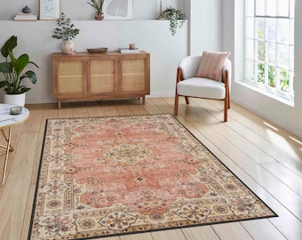 Vintage Style Rug, Antique Look Teppich, Salmon Washable Non-Slip Bohemian Area Rug, Turkish Distressed Large Rug 8x10, Rugs for Living Room