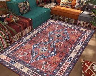 Shirvan Style Geometric Living Room Rug, Washable Terracotta Tribal Boho Rug