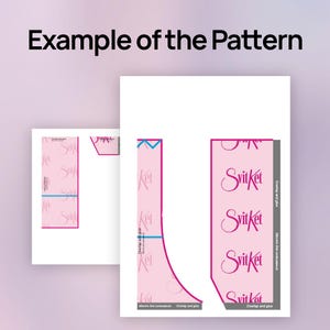 May include: An image showing examples of a pattern design. The pattern pieces are printed on white paper with pink and purple accents. The text "Example of the Pattern" is at the top.