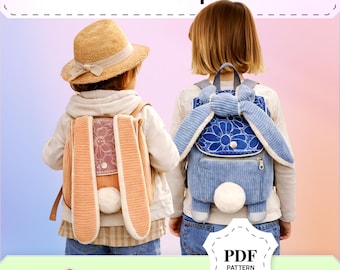 Corduroy Animal Backpack PDF Pattern for Toddler, Quilted Flap, Floppy Ears & Pom Pom Tail, 23×26×5.5 cm
