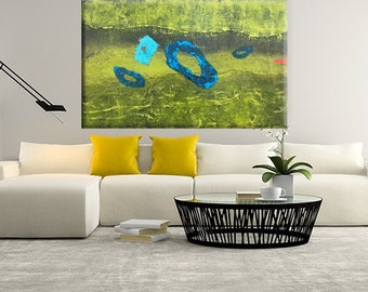 Large Abstract Painting, Textured Green, Blue, and Red Art