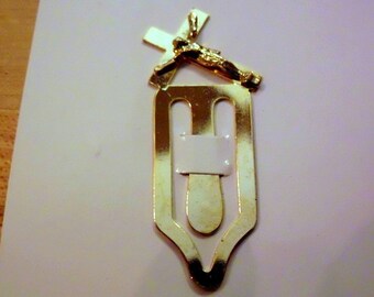 Marcador cristiano de oro, crucifijo vintage de los años 50, revestido en oro amarillo de 14 k, regalo religioso, guardapáginas de la Biblia pequeño de 2 pulgadas - Perfecto estado
