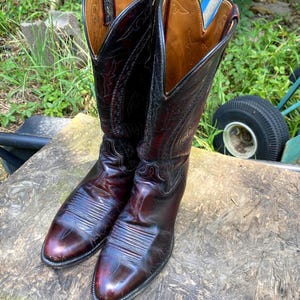 May include: A pair of dark burgundy leather cowboy boots featuring a pointed toe, a stacked heel, and intricate tonal stitching patterns on the shaft. The interior lining is tan, and the boots have a tall, pull-on design with side pull tabs.