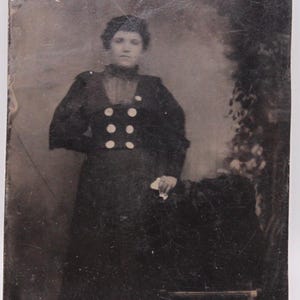 Antique Victorian Tintype Photograph of a Beautiful Young Woman /Full Body Tintype of Lady with Dark Hair holding a Handkerchief
