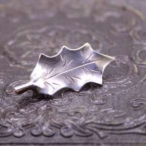 Op de afbeelding: Zilverkleurige blad-vormige broche met gedetailleerde nerven, rustend op een donker, getextureerd oppervlak met een sierlijk patroon. De broche heeft een gepolijste afwerking.