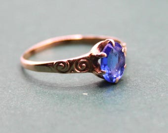 Edwardian Sapphire Paste and Repousse 10k Gold Ring with Engraved Inscription