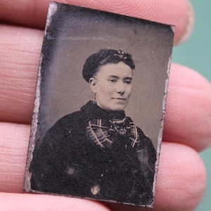 Gorgeous Miniature Victorian Gem Tintype Portrait of a Beautiful Woman / Victorian Locket Photograph High Fashion Seated Young Lady