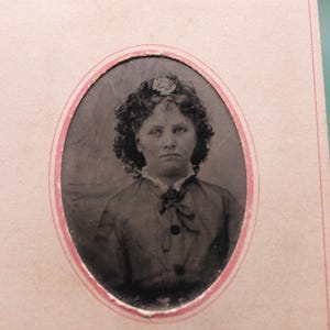 Antique Victorian Tintype Photograph of a Beautiful Young Girl with Curls in Decorative Paper Frame - Victorian Photography Children