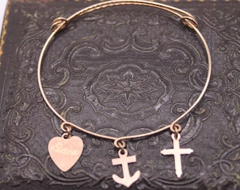 Antique Faith Hope and Charity Victorian Rose Gold Adjustable Religious Charm Bracelet - Diane /Heart, Cross and Anchor Charms
