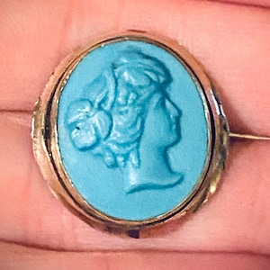 1800s Maenad  Turquoise Cameo Goddess Lace Pin / Antique Blue Paste Bacchante Cameo Brooch