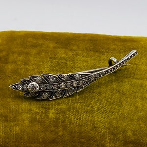1860s French Sterling Paste Feather Brooch / Antique Victorian Silver Diamond Paste Aesthetic Feather Brooch