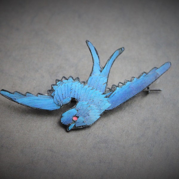 RARE Antique Qing Dynasty Chinese Kingfisher Feather Swallow Brooch / Eternal Love