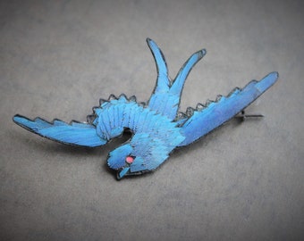 RARE Antique Qing Dynasty Chinese Kingfisher Feather Swallow Brooch / Eternal Love