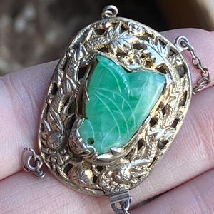 Rare 1890s Qing Dynasty Dragon Jade and Sterling Pendant / Clasp - Antique Chinese Filigree Sycee No 23