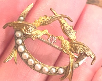 Victorian Swallow Honeymoon Brooch with Swallows inside a Seed Pearl Crescent Moon