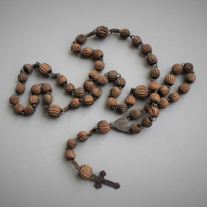 RARE Antique Saint Wilgefortis Antique French Rosary Chaplet / Bearded Lady / Crucified Saint / Victorian Carved Wood Melon Beads image 1