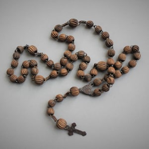 RARE Antique Saint Wilgefortis Antique French Catholic Rosary Chaplet / Bearded Lady / Crucified Saint / Victorian Carved Wood Melon Beads